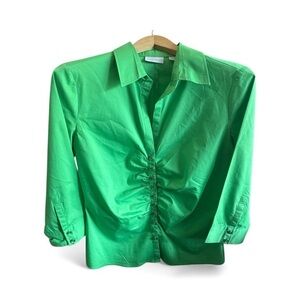 New York & Company Vibrant Green Ruched Button Down Blouse Womens Size Medium